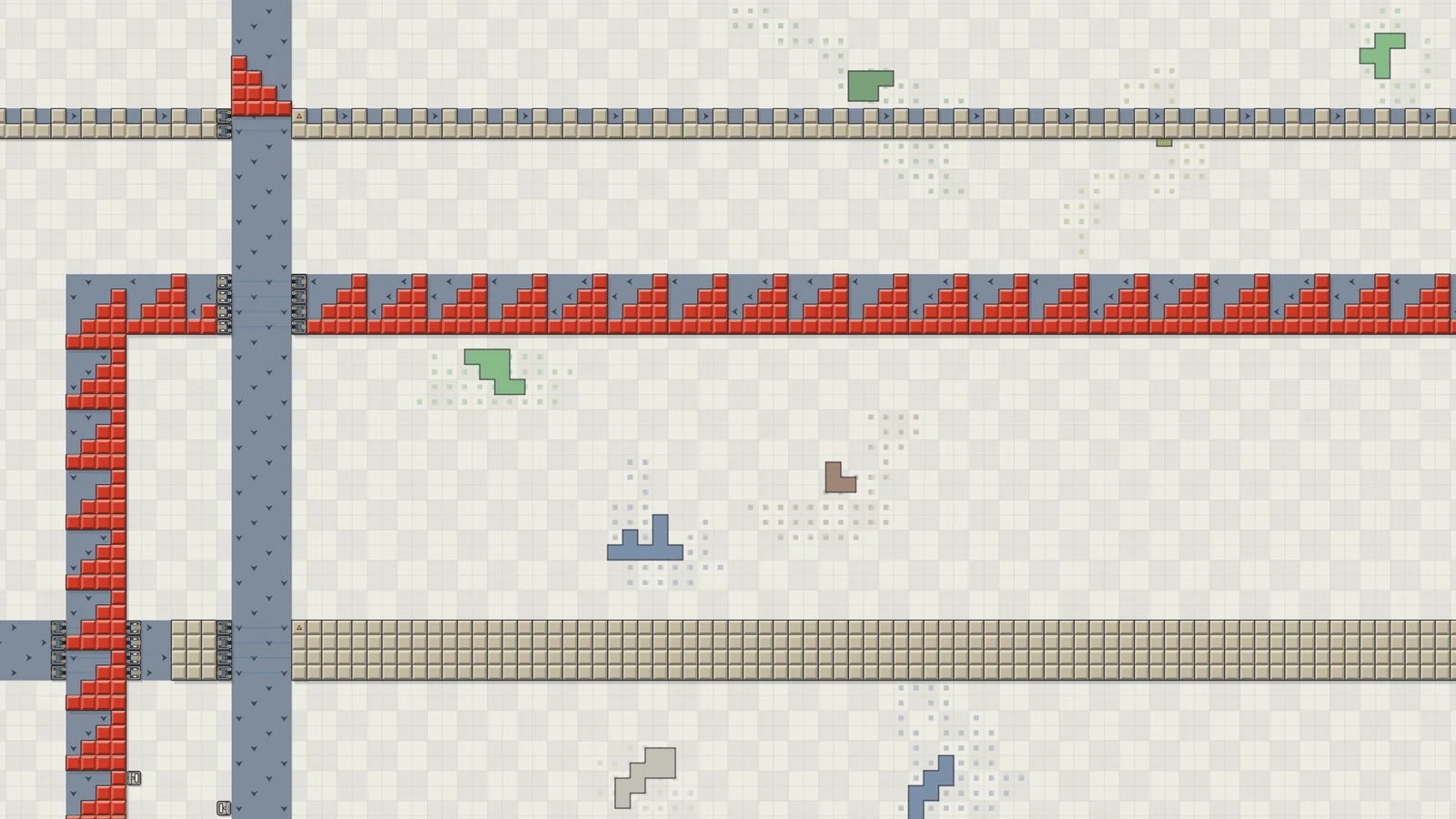 A long lane packed end to end with red roof pieces running toward the hub