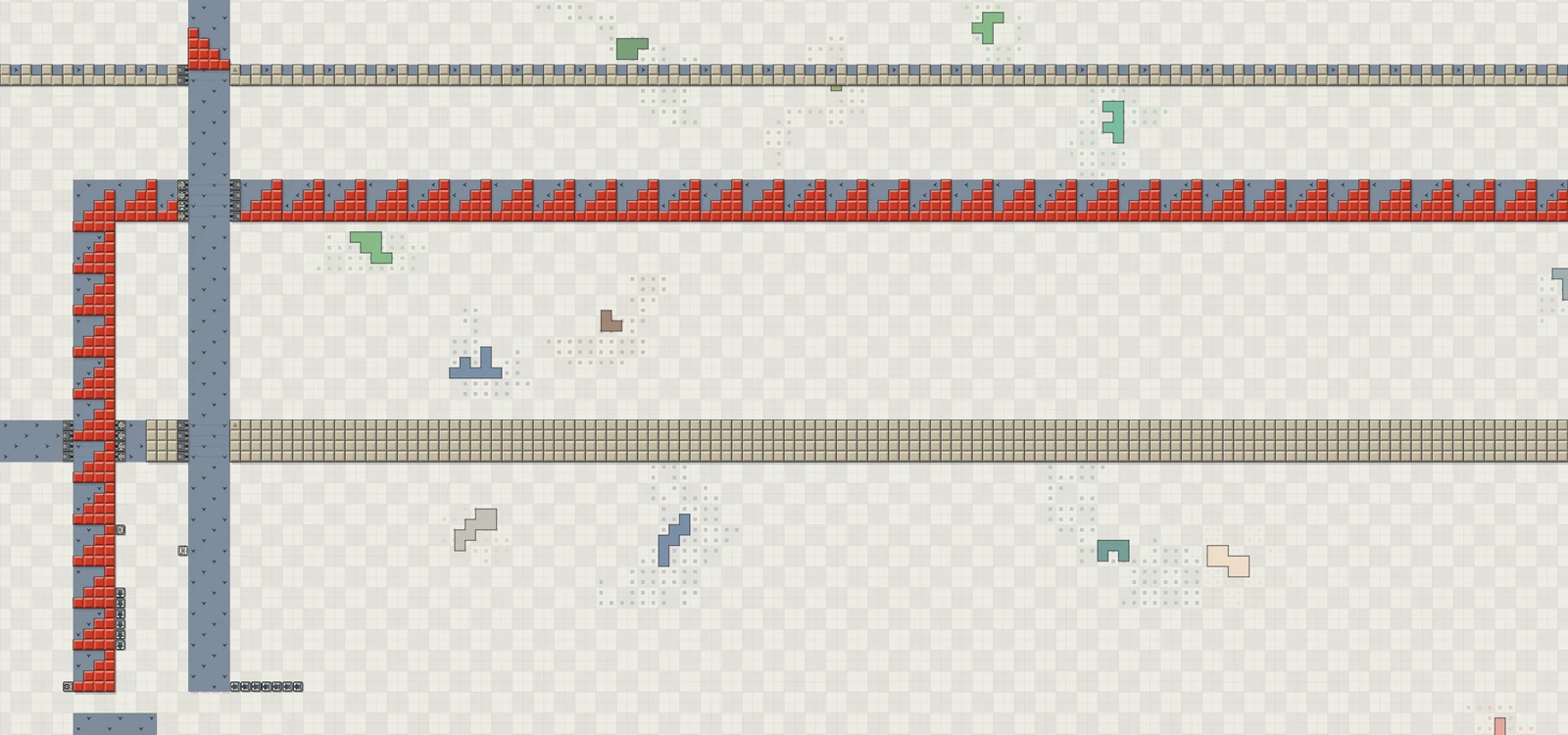 The same factory zoomed far out, lines running off every edge of the screen